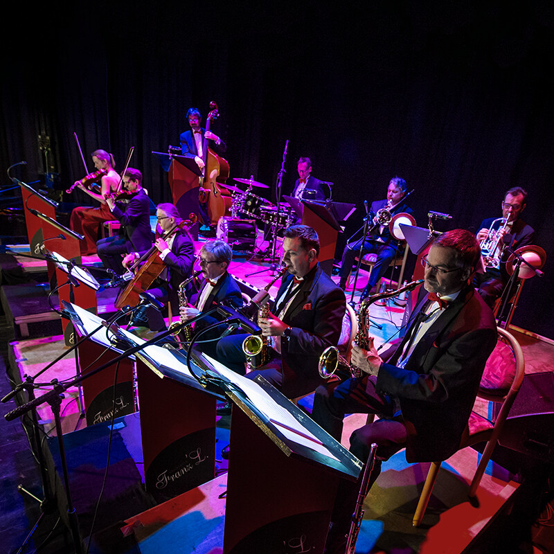 Die Musiker:innen des Orchesters Franz'L. aus Weimar bei einem Live-Auftritt